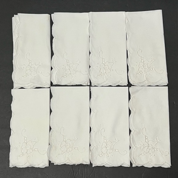Vintage Cloth Napkins set of 8 White 15" Sq Hand Embroidery Crocheted Rose Flora - Picture 1 of 14